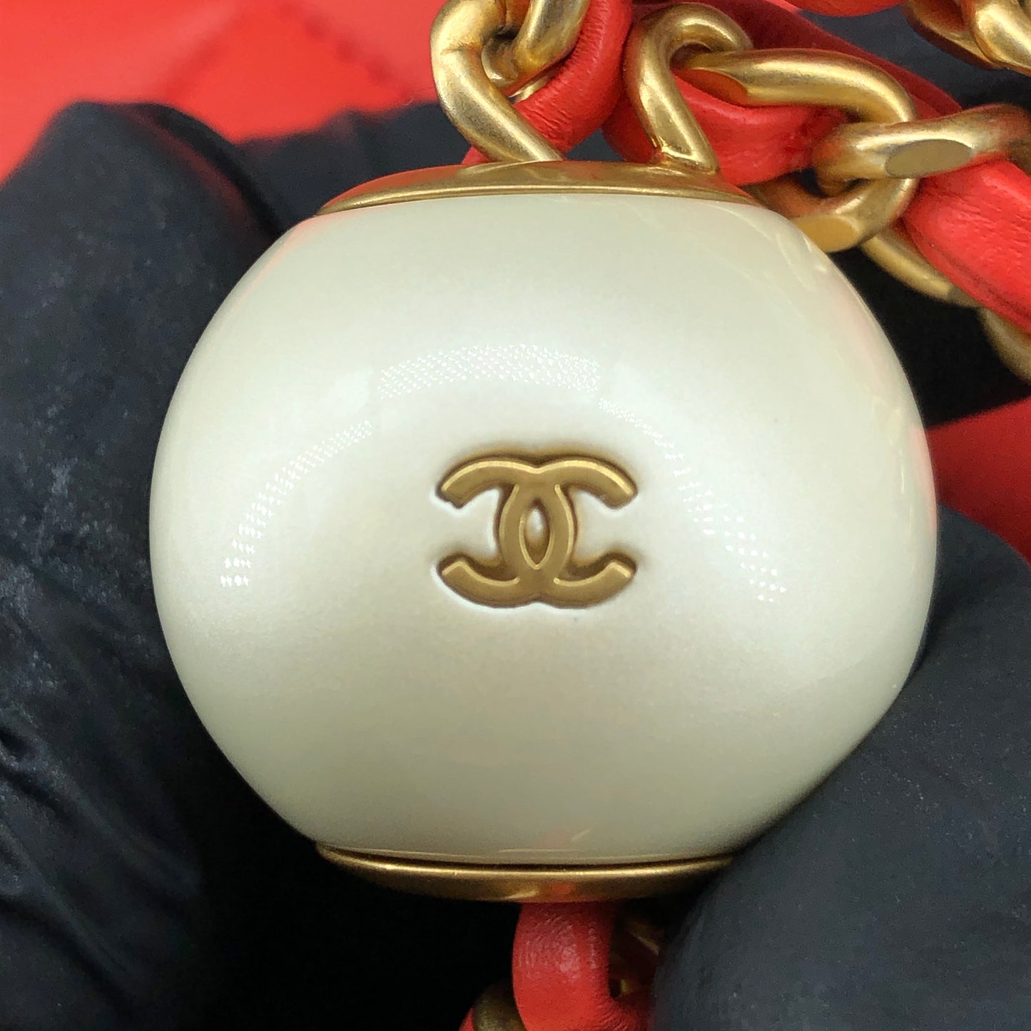 Chanel Mini Quilted Lambskin Flap Bag with Pearl Chain Red