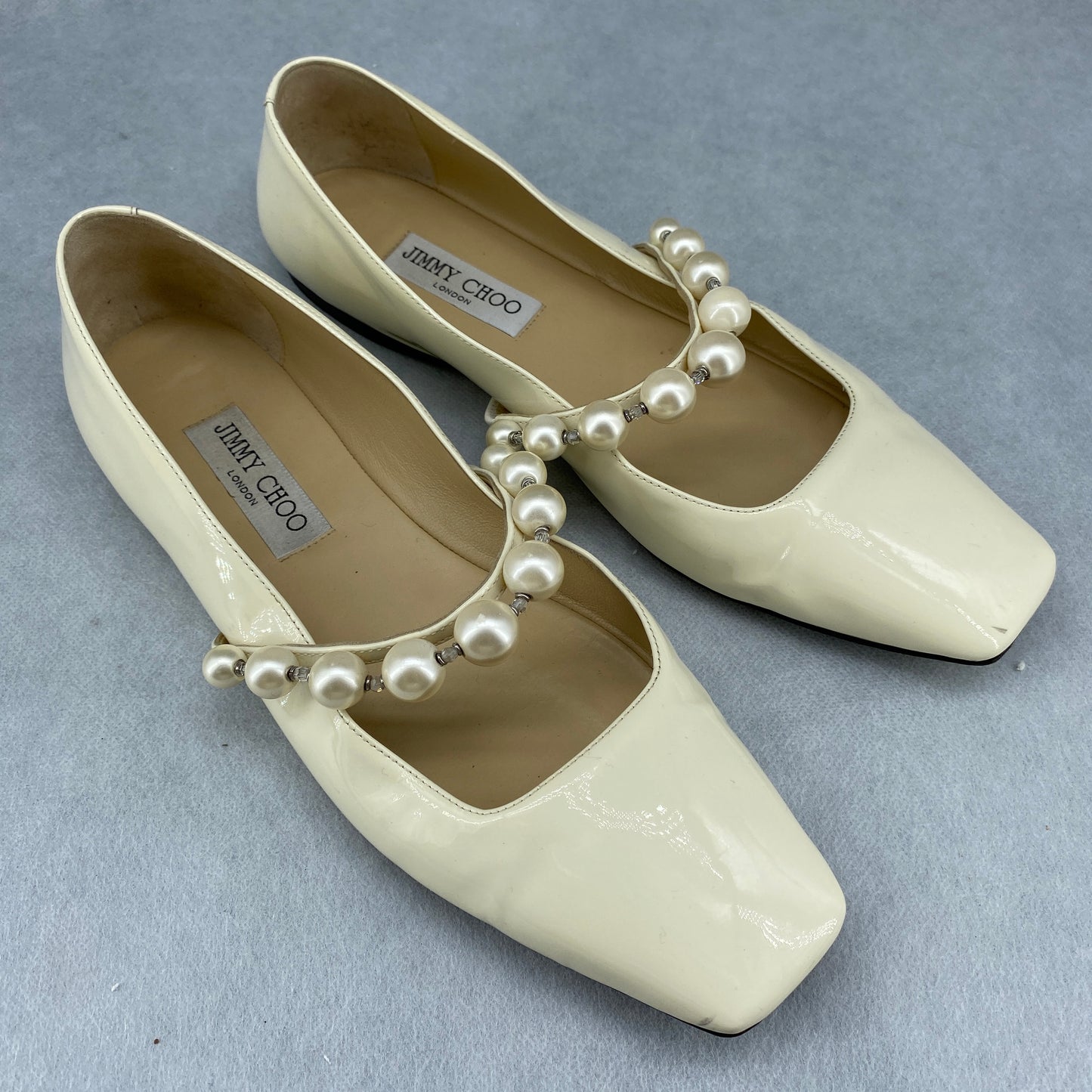 Jimmy Choo Pearl Strap Patent Flat Shoes Size 41 Cream