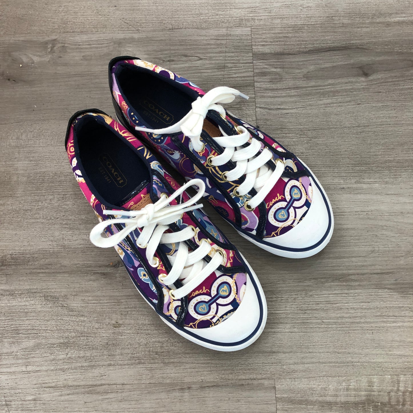 Coach Barrett Low Top Canvas Sneakers Size 6.5B White Purple Pink Gold Print