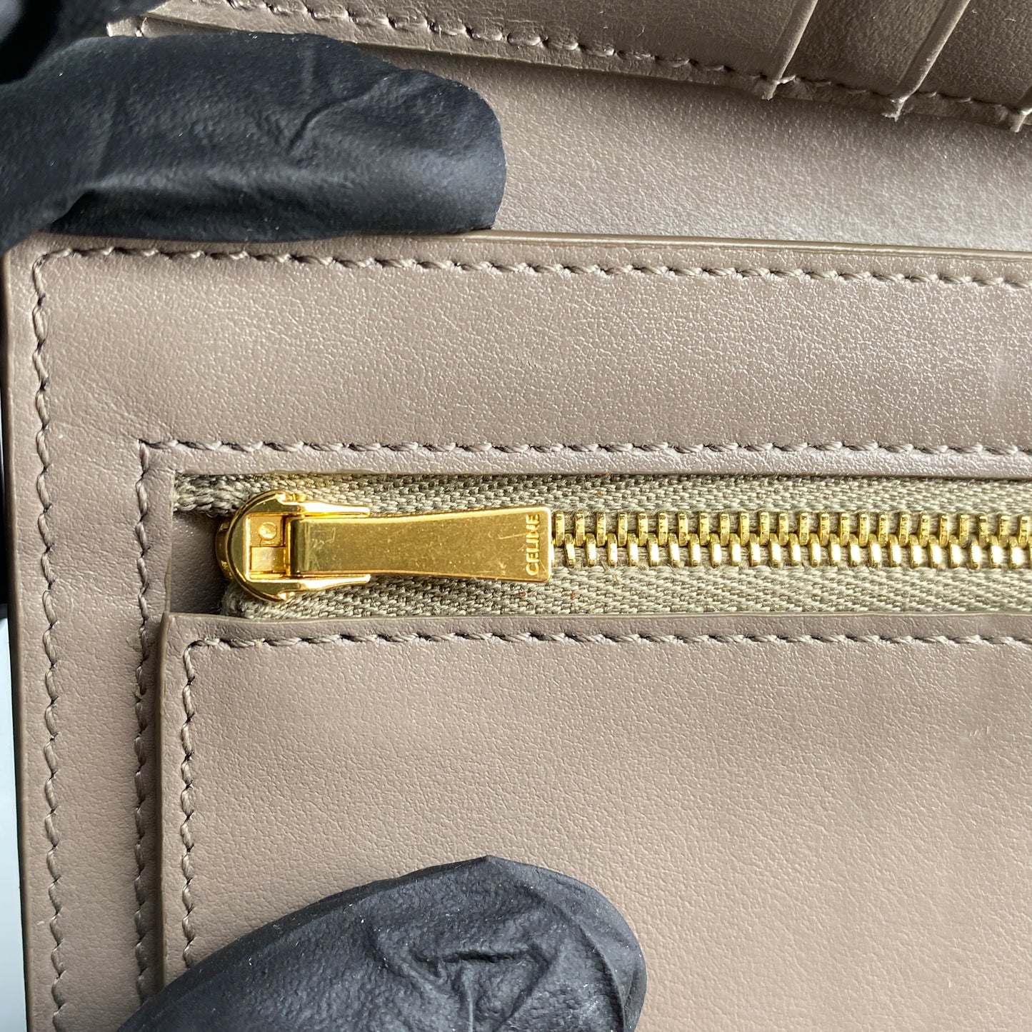 Celine Beige Grained Leather Triomphe Medium Fold Wallet