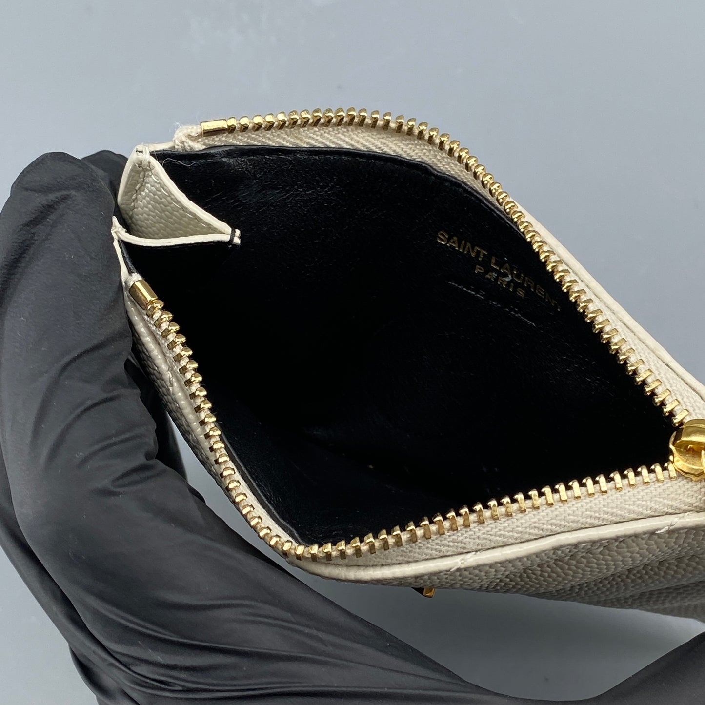 Saint Laurent Cream Grain Leather Quilted Zip Card Holder Wallet
