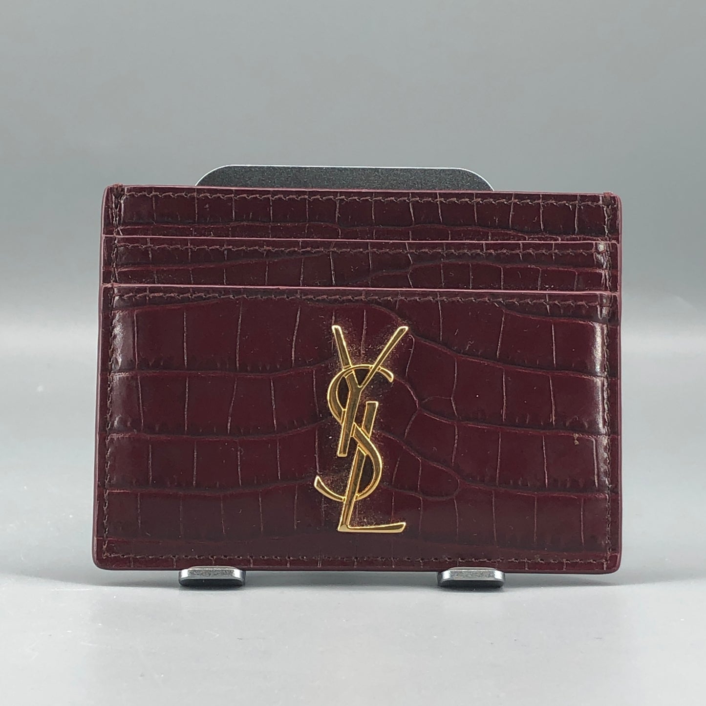 Saint Laurent Cassandre Card Holder Dark Red Croc-Embossed
