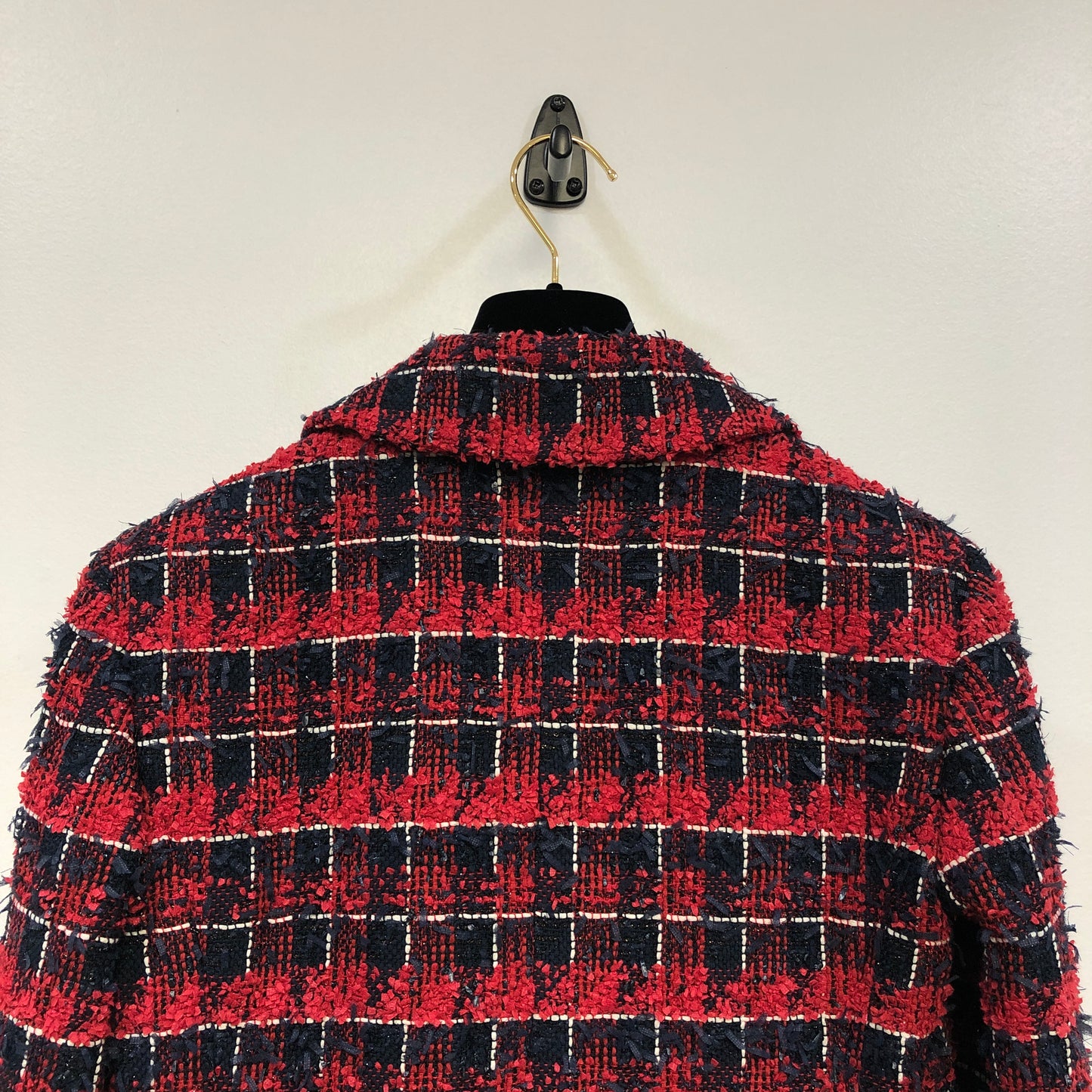 Chanel Red & Navy Blue Plaid Tweed Blazer Lapel Collar Size 36