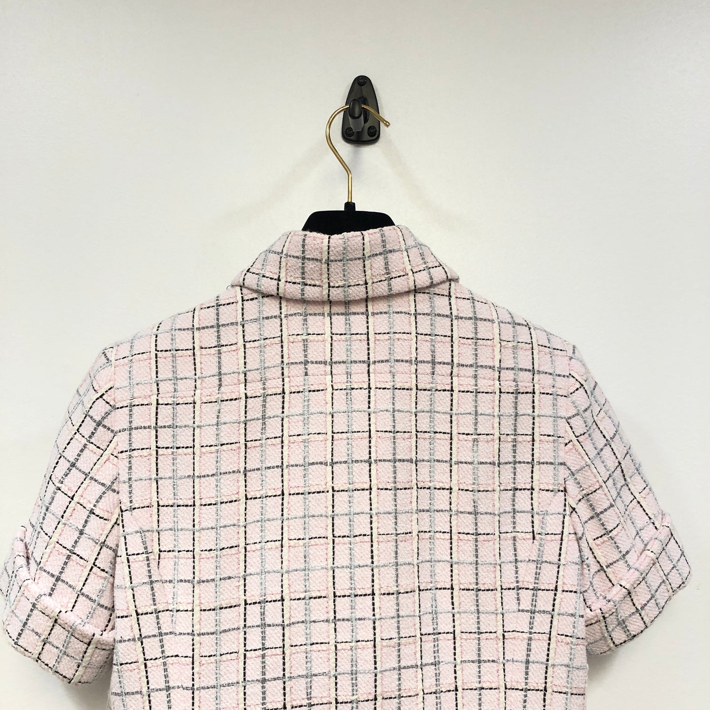 Chanel Pink Plaid Short Sleeve Tweed Dress Point Collar Size 34