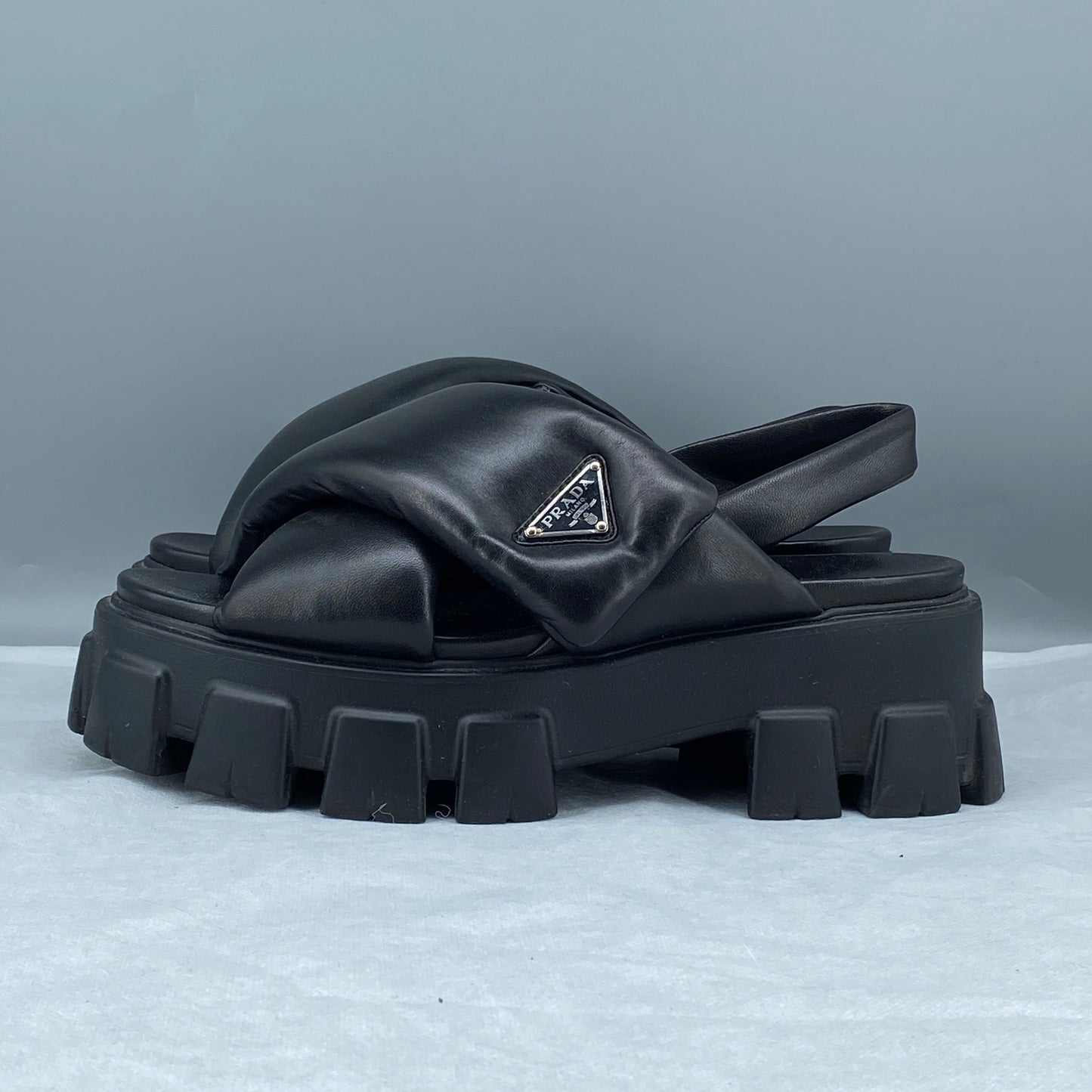 Prada Women's Black Leather Cross Strap Lug Sole Back Strap Platform Sandals Size 38