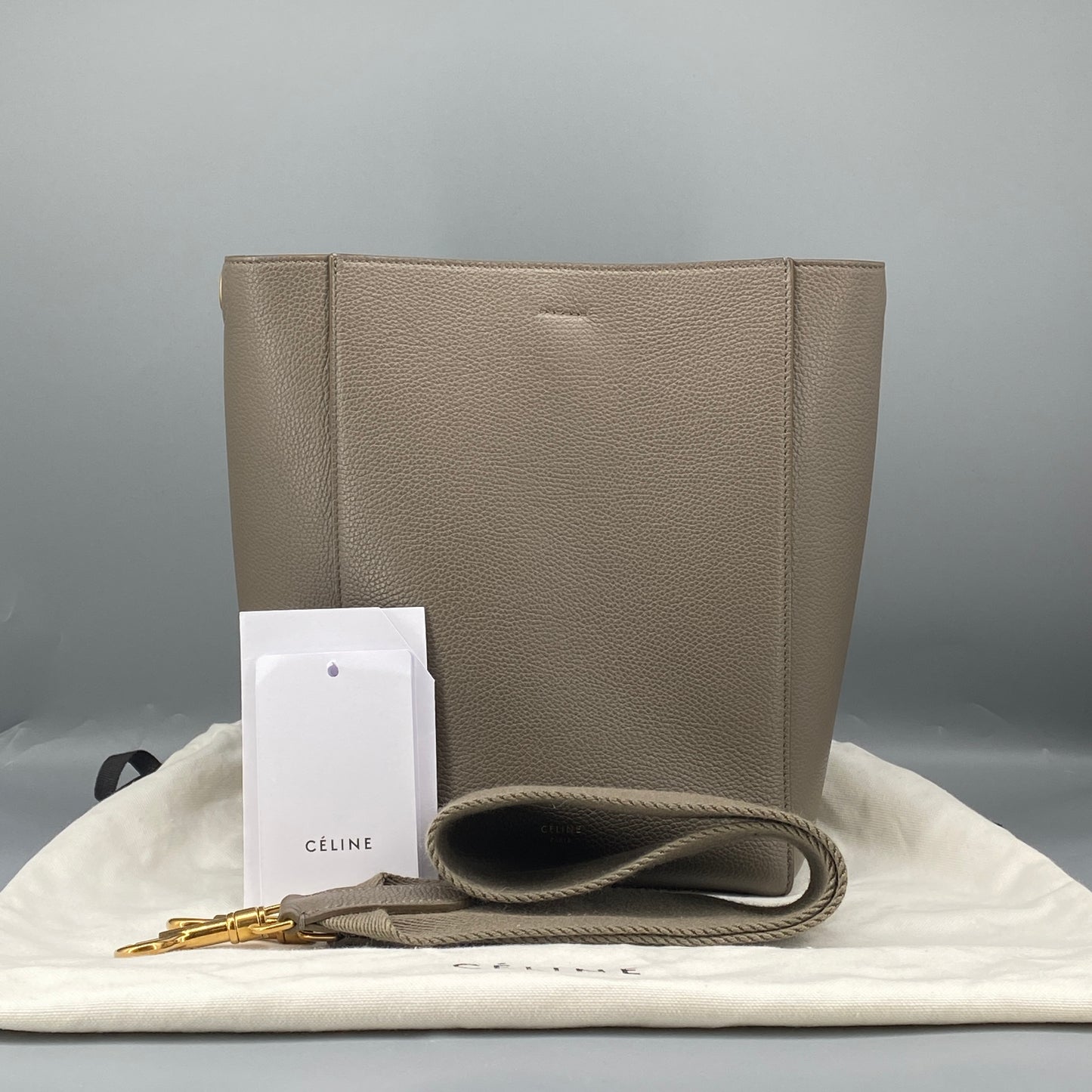 Celine Taupe Pebbled Leather Bucket Shoulder Bag