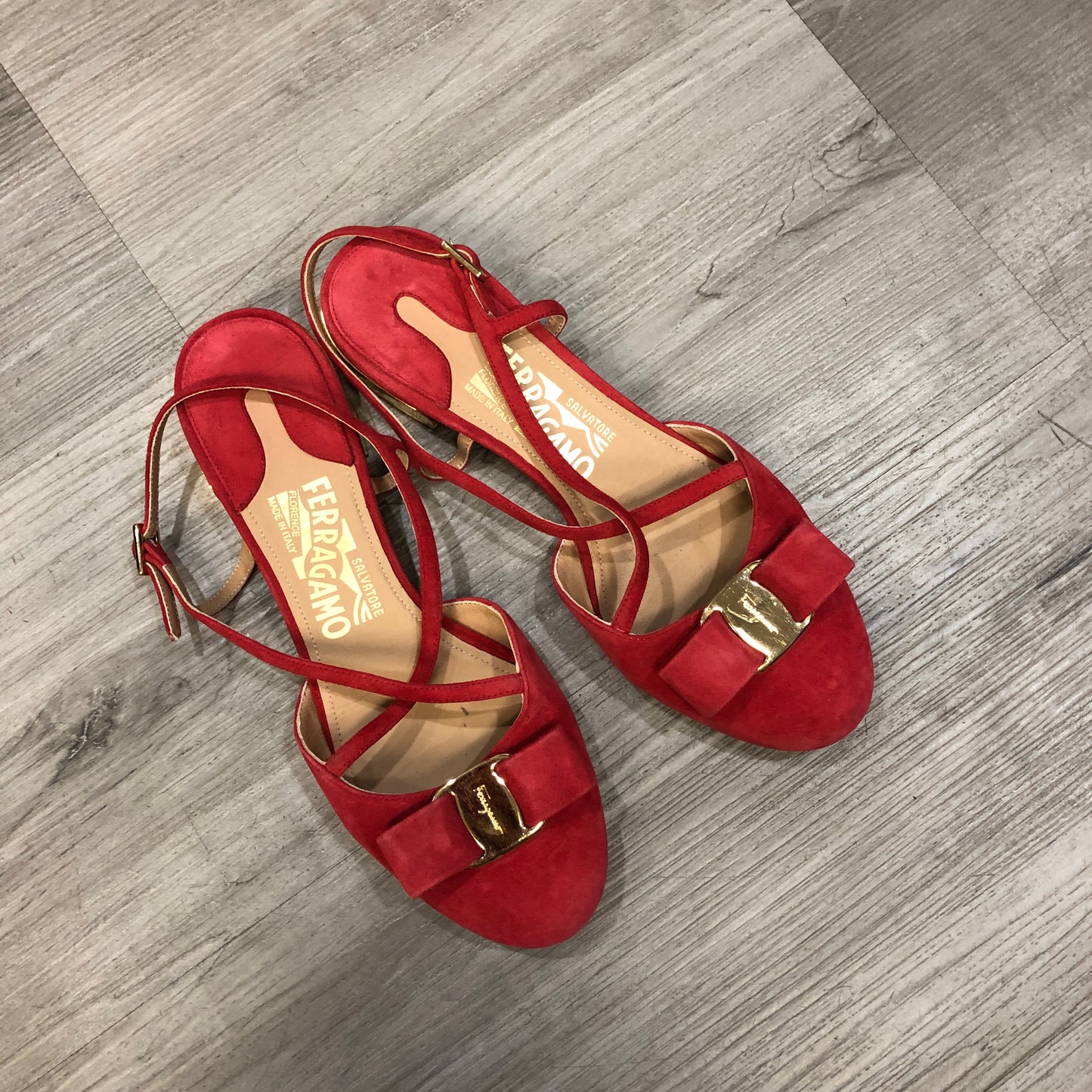 Salvatore Ferragamo Vara Red Suede Strappy Sandals Size 6B