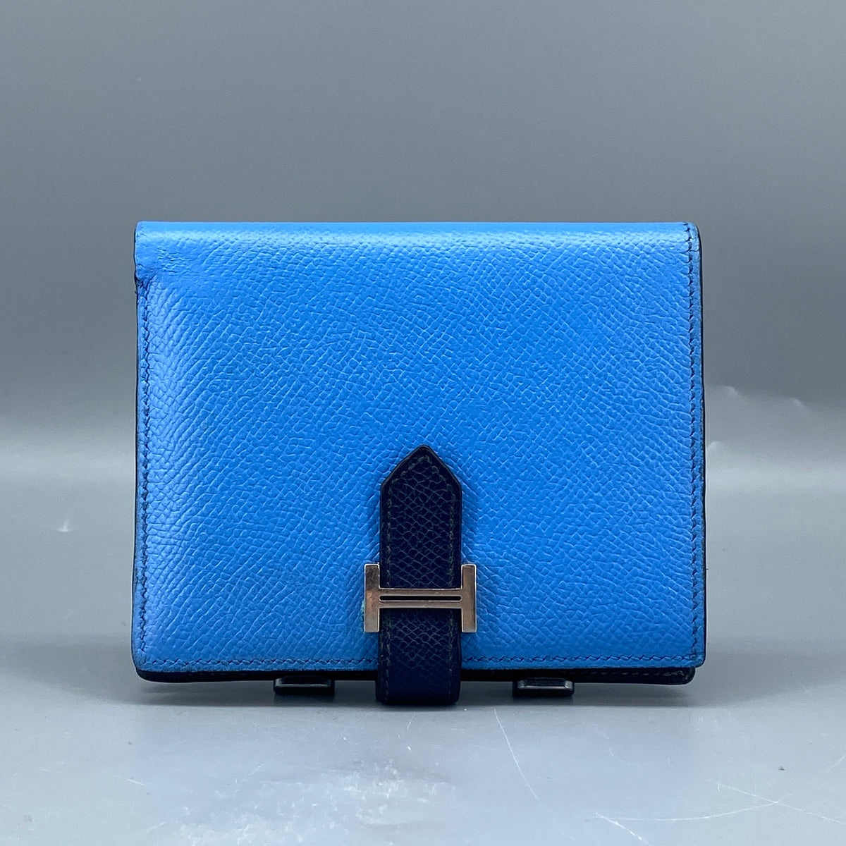 Hermes Bearn Compact Wallet Light Blue & Navy Leather