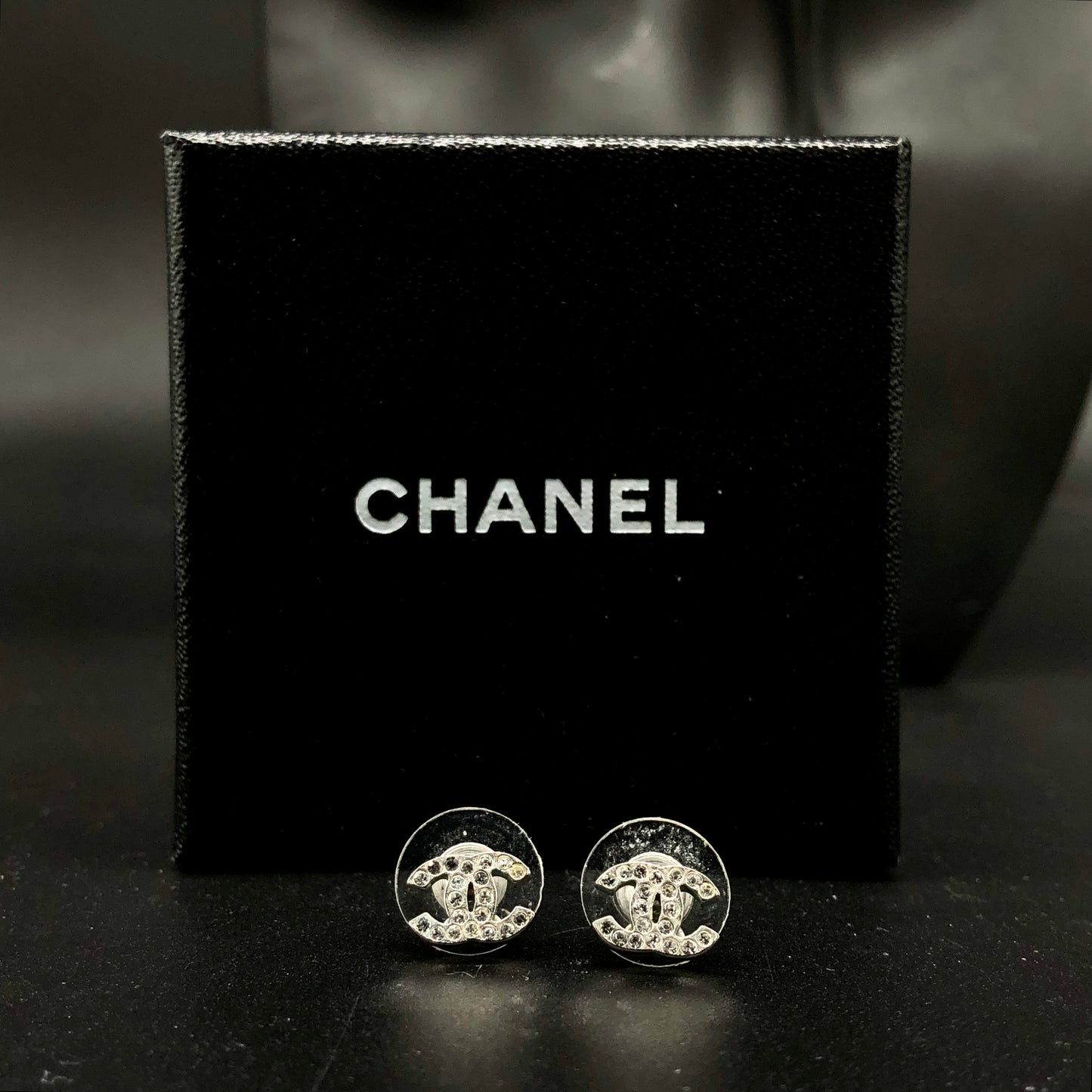 Chanel Silver-Tone Crystal Interlocking CC Stud Earrings