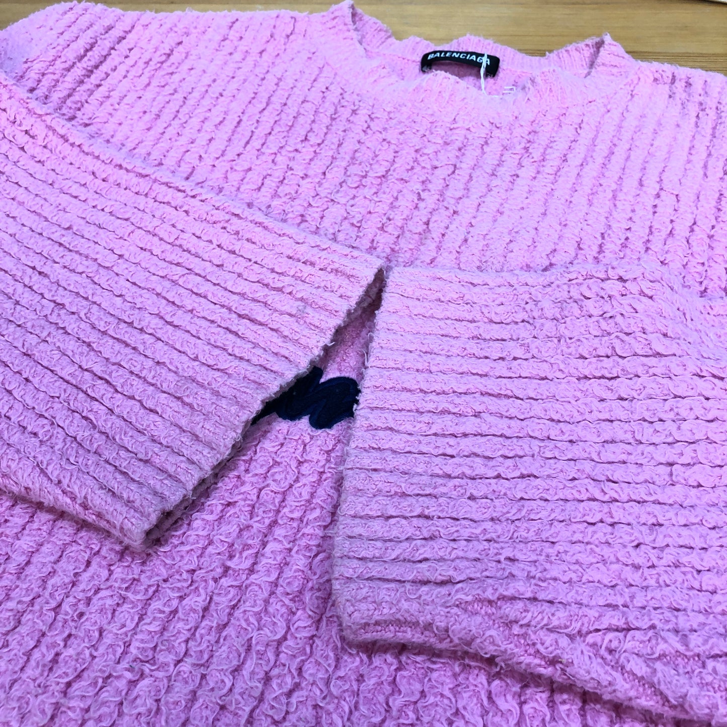 Balenciaga Sage Pink Ribbed Knit Logo Embroidery Oversized Crew Neck Sweater Size S