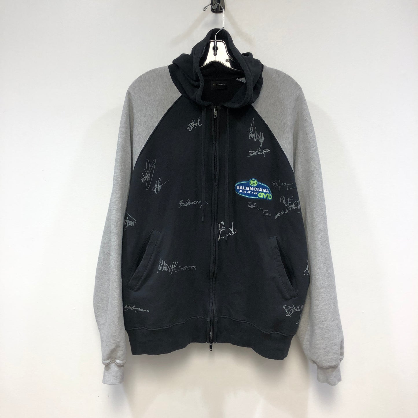 Balenciaga Unisex Distressed Raglan Zip-Up Hoodie Size XL Grey/Black