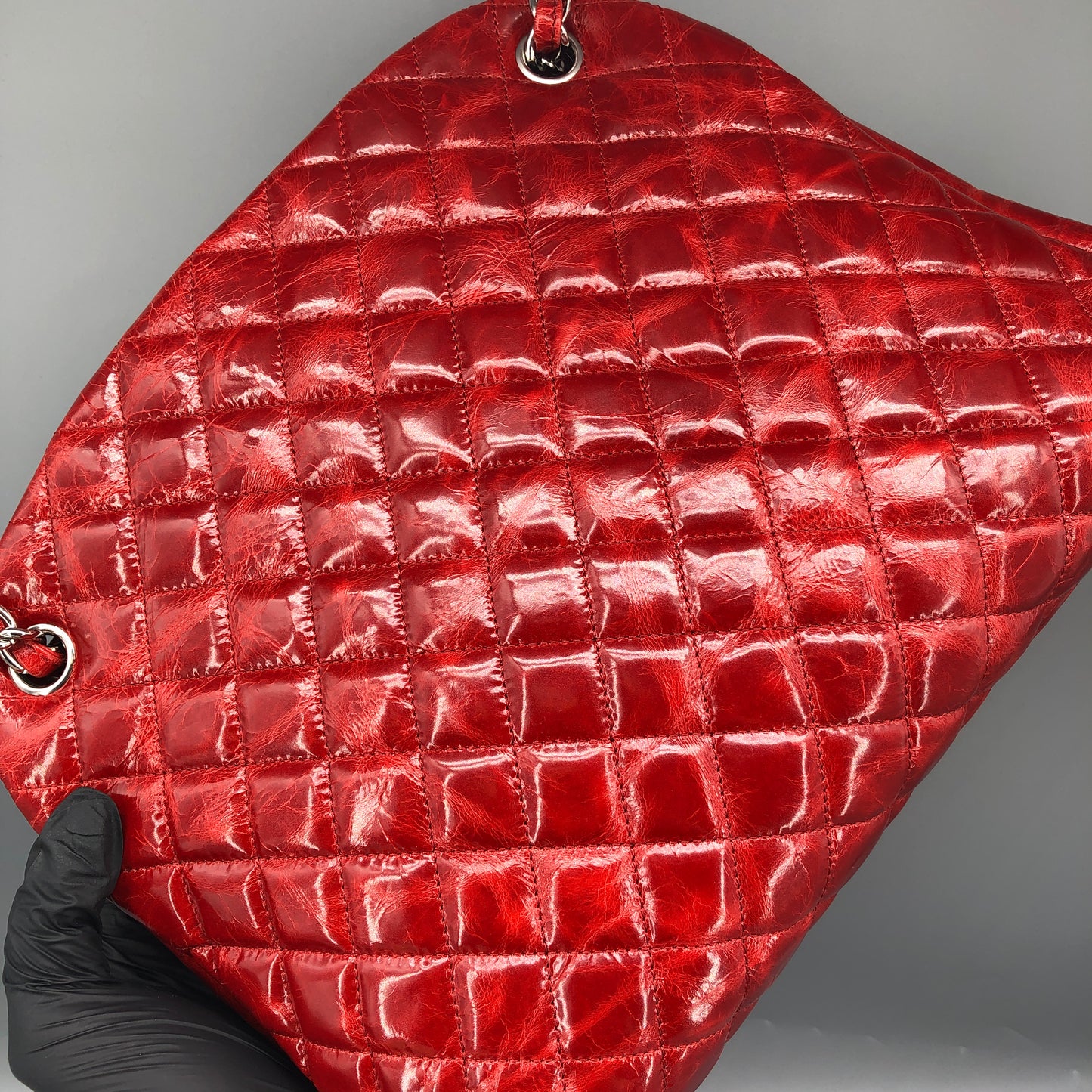 Chanel Just Mademoiselle Quilted Patent Leather Bowling Shoulder Bag Cherry Red