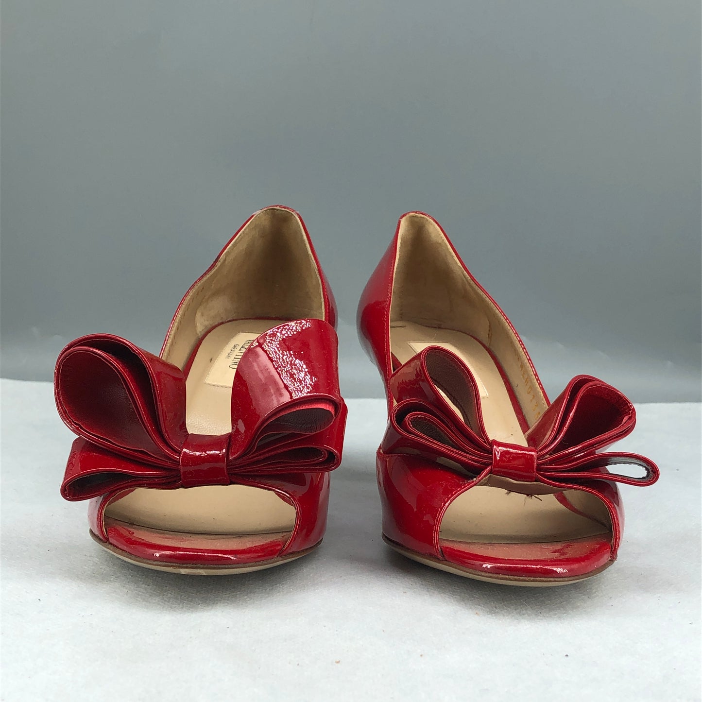 Valentino Red Patent Leather Bow Peep Toe Stiletto Pumps 35