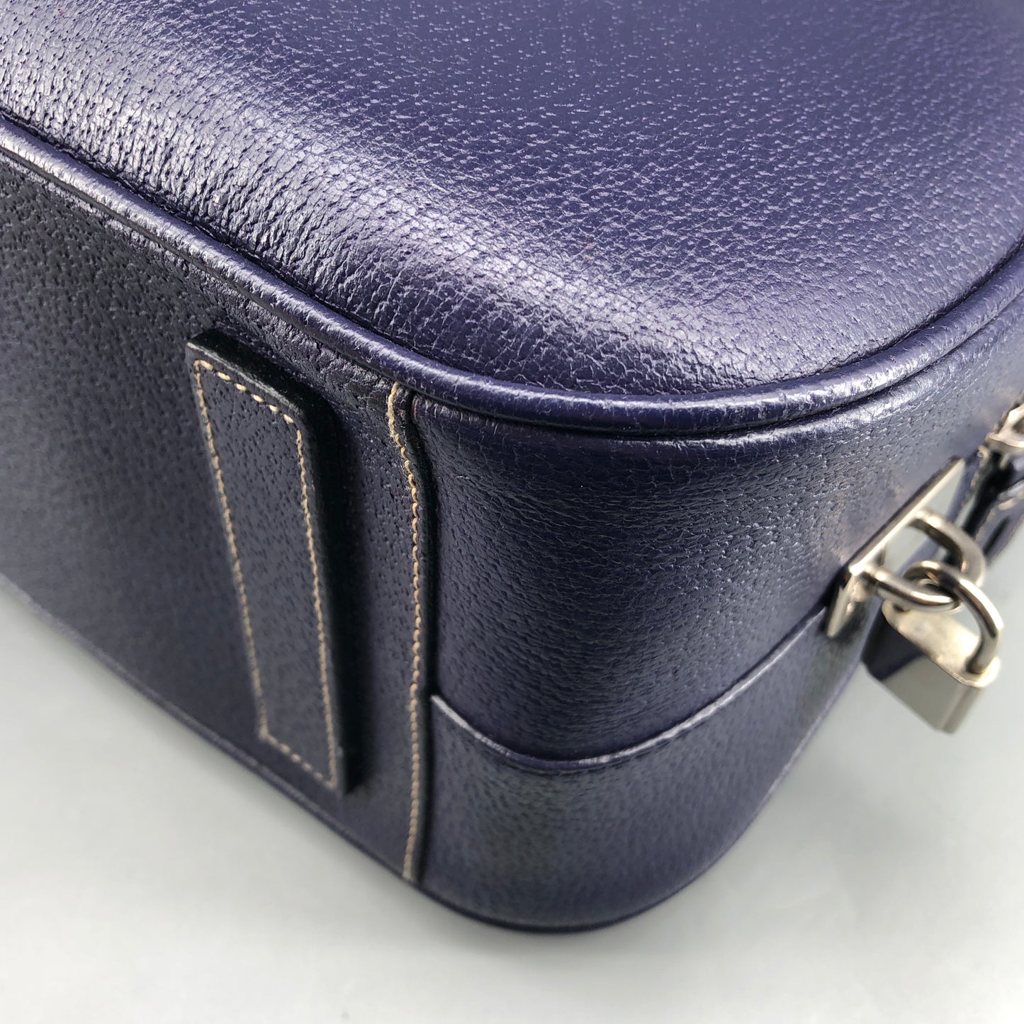 Prada Bauletto Medium Pebbled Leather Handbag  Ink Blue