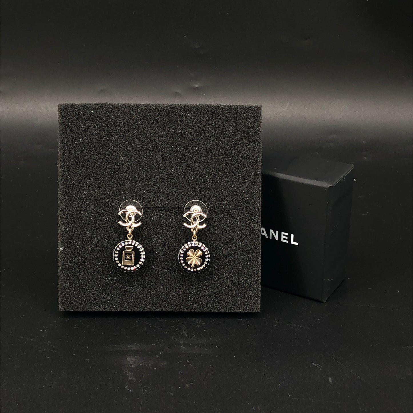 Chanel 2021 Gold Tone Black Enamel Crystal Round Drop Earrings