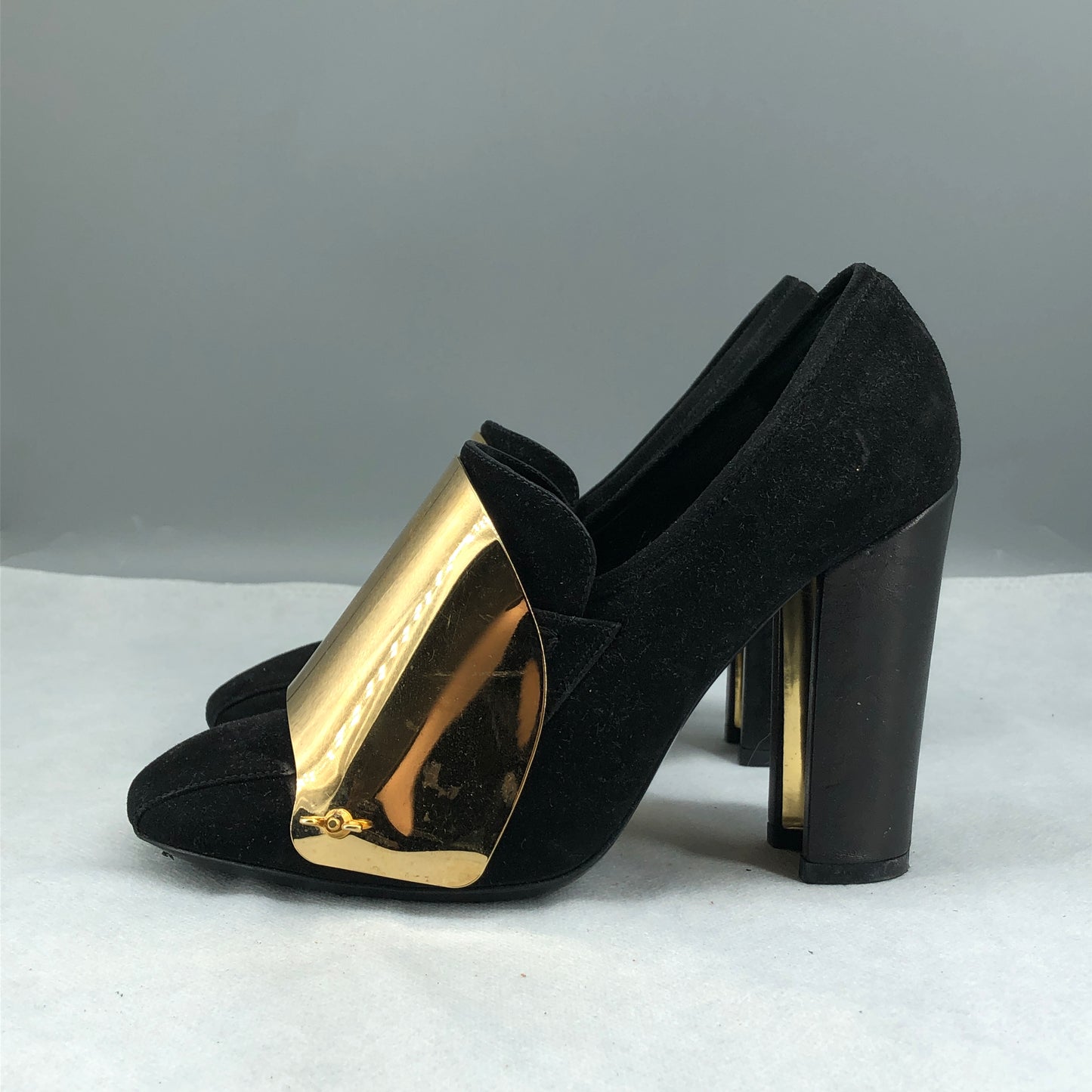 Saint Laurent Black Suede & Gold Metallic Cap Toe Block Heel Pumps 35