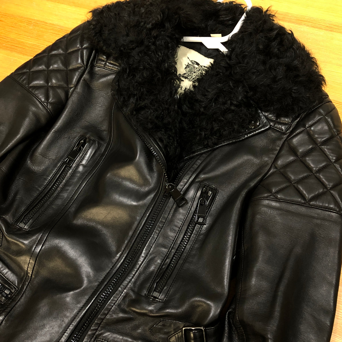 Burberry Black Shearling Collar Leather Biker Jacket US size 4