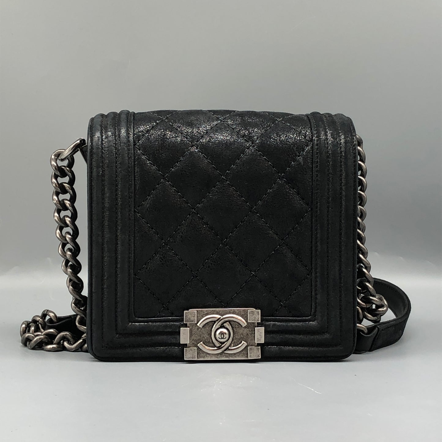 Chanel Black shiny suede nubuck iridescent leather Leather Mini Boy Bag