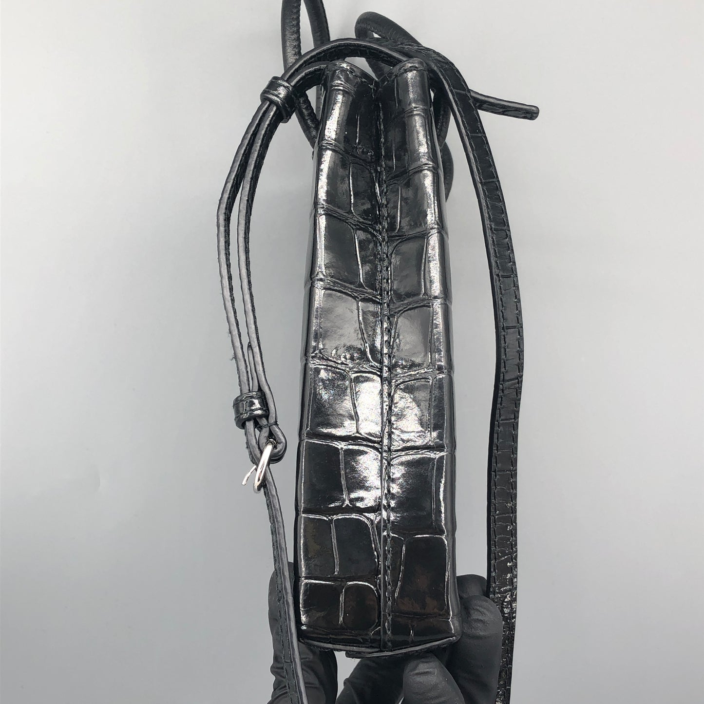 Balenciaga Logo Embossed Crocodile Embossed Leather Mini Vertical Phone Bag Black