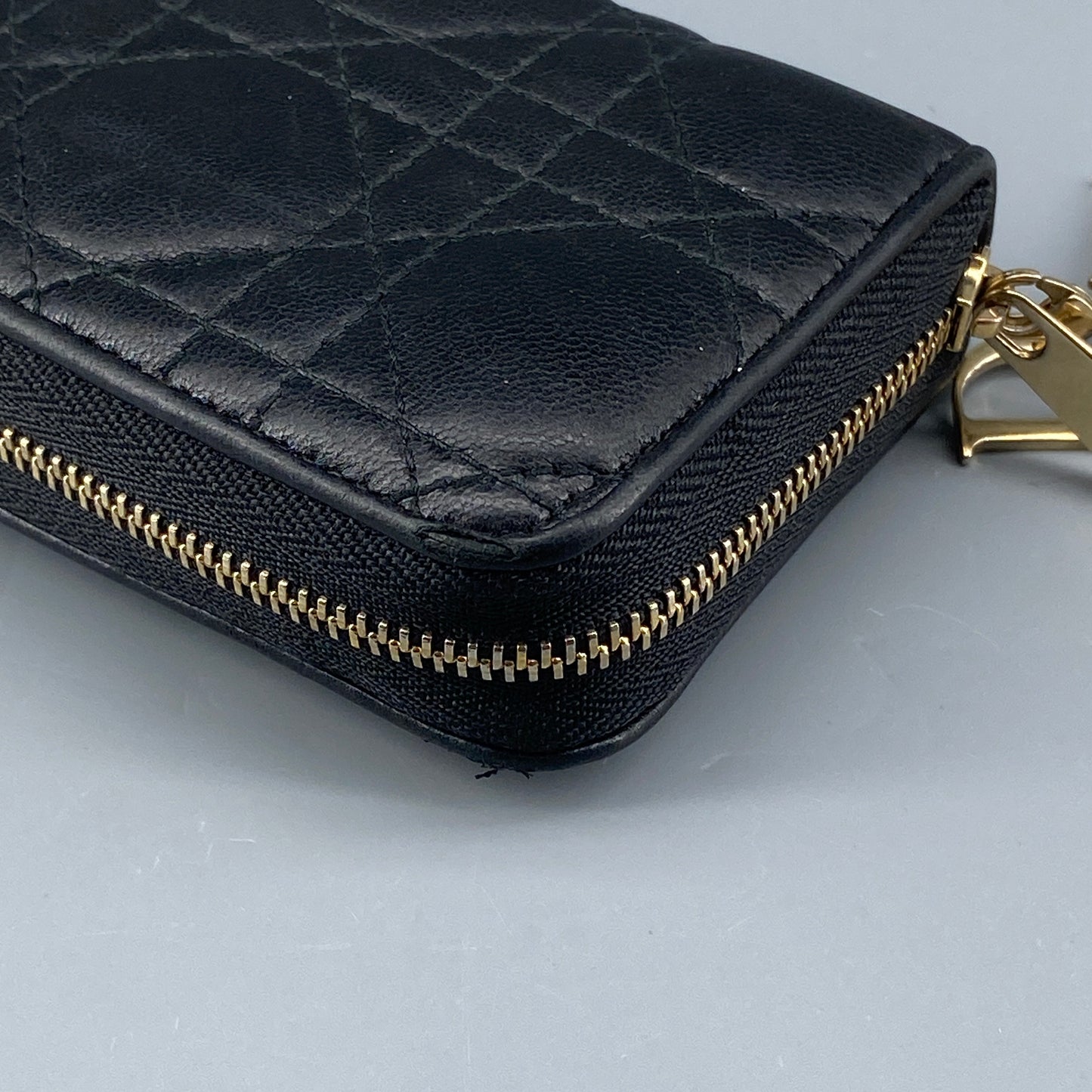 Christian Dior Black Cannage Quilted Zip‑Around Card Wallet