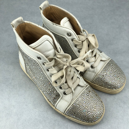 Christian Louboutin Women's White Leather Silver Crystal Lace-Up High Top Sneakers Size 37.5