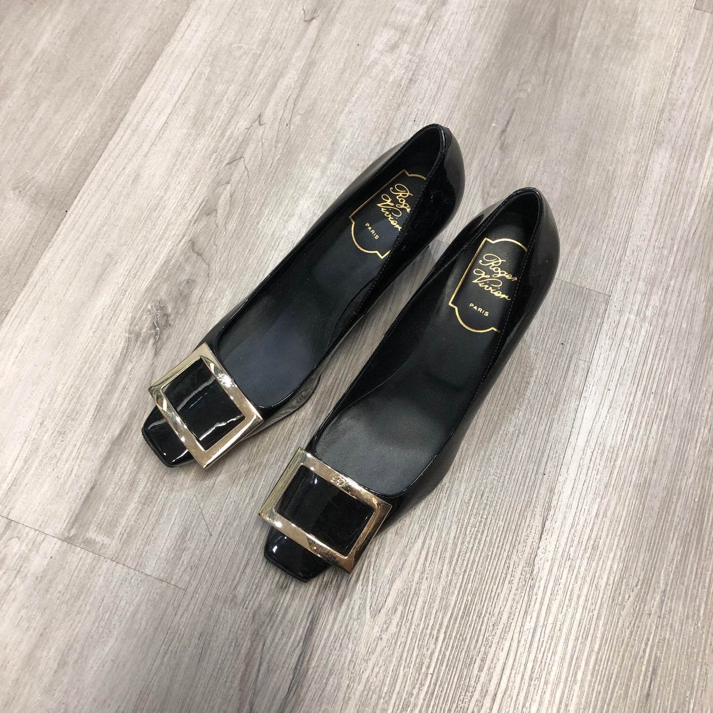 Roger Vivier Patent Leather Square Buckle Block Heel Pumps Shoes 36.5 Black