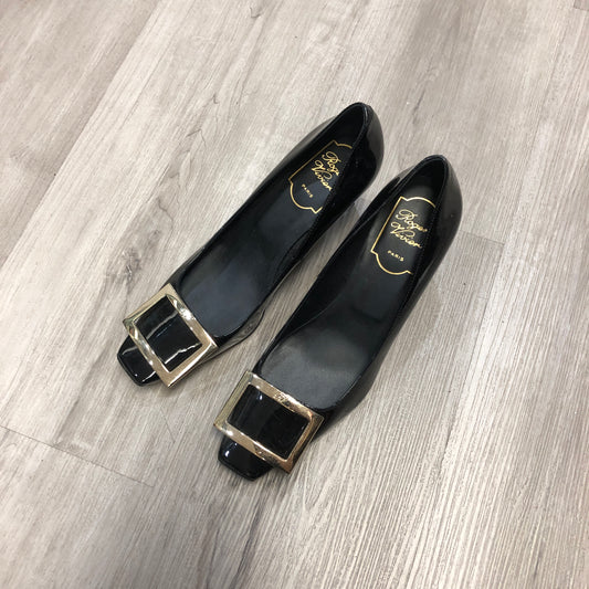 Roger Vivier Patent Leather Square Buckle Block Heel Pumps Shoes 36.5 Black