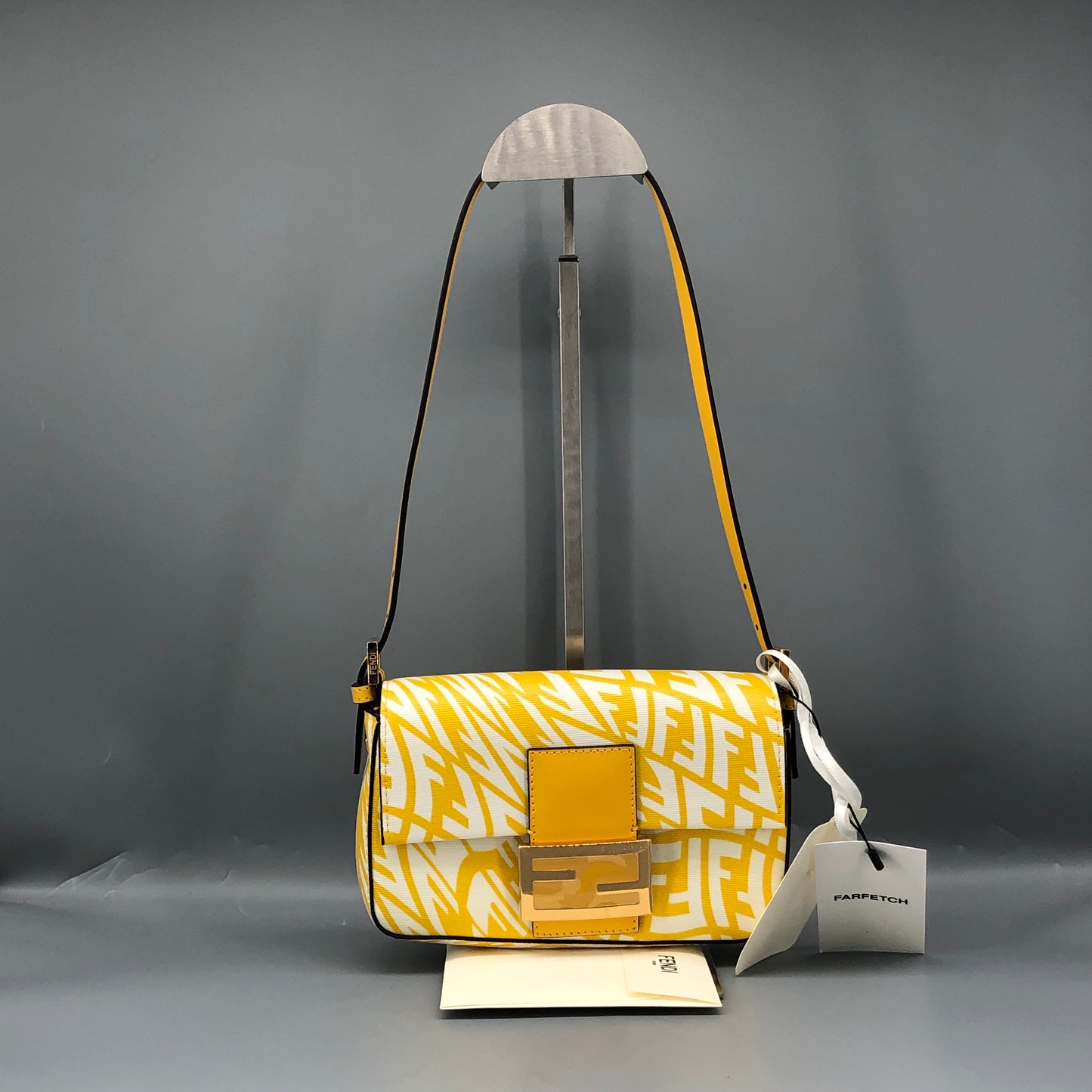 Fendi FF Vertigo Print Leather Baguette Shoulder Bag Yellow