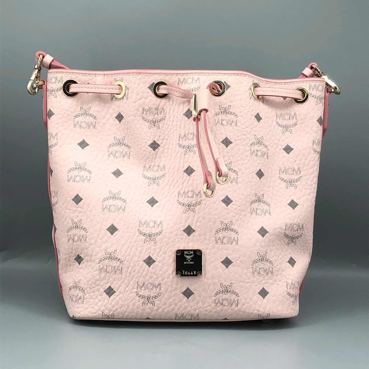MCM Pink Visetos Print Drawstring Bucket Bag