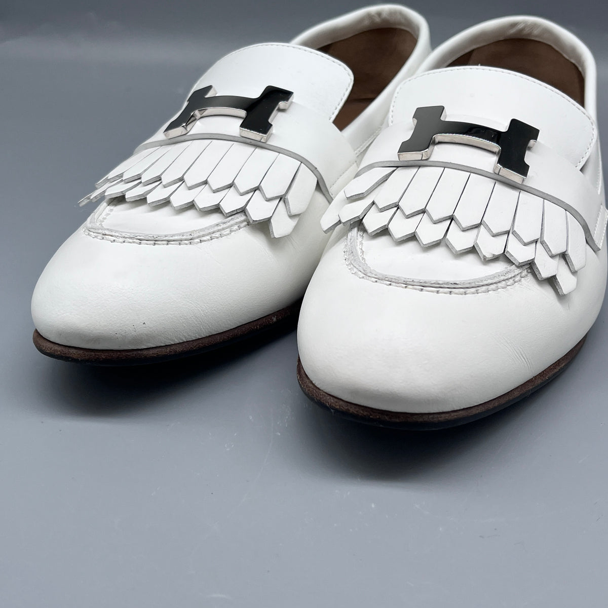 Hermes White Leather Women Fringe Loafers Size 36.5