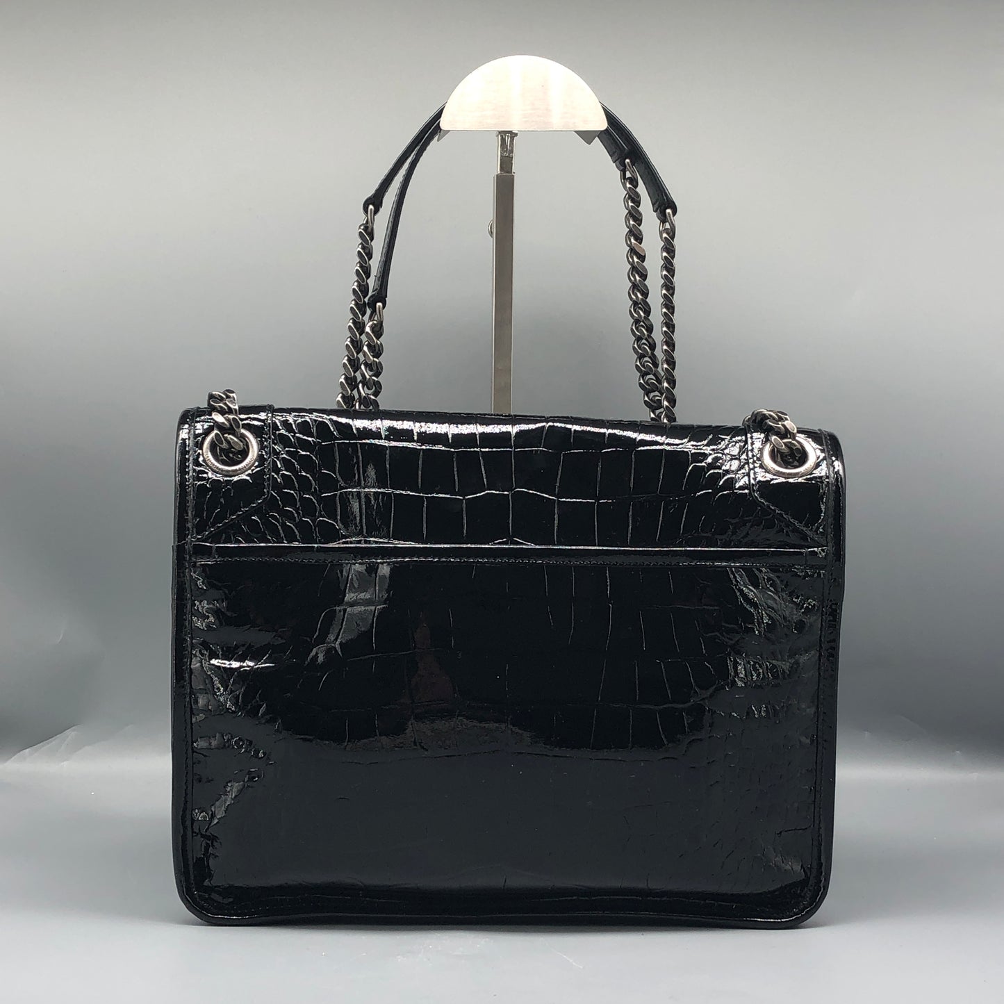 Saint Laurent Patent Crocodile Embossed Medium Niki Chain Satchel Bag
