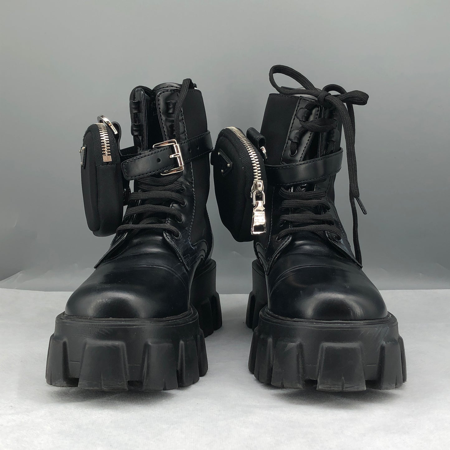 Prada Women's Re-Nylon Leather Combat Ankle Boots Size 36.5 Black