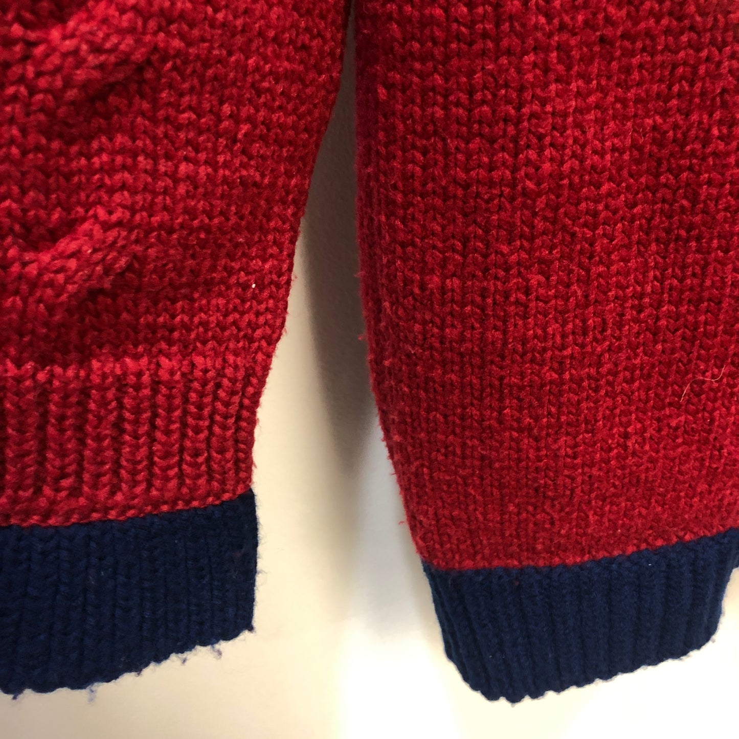 Chanel Red Cable Knit Cardigan with Navy Trim Size 44