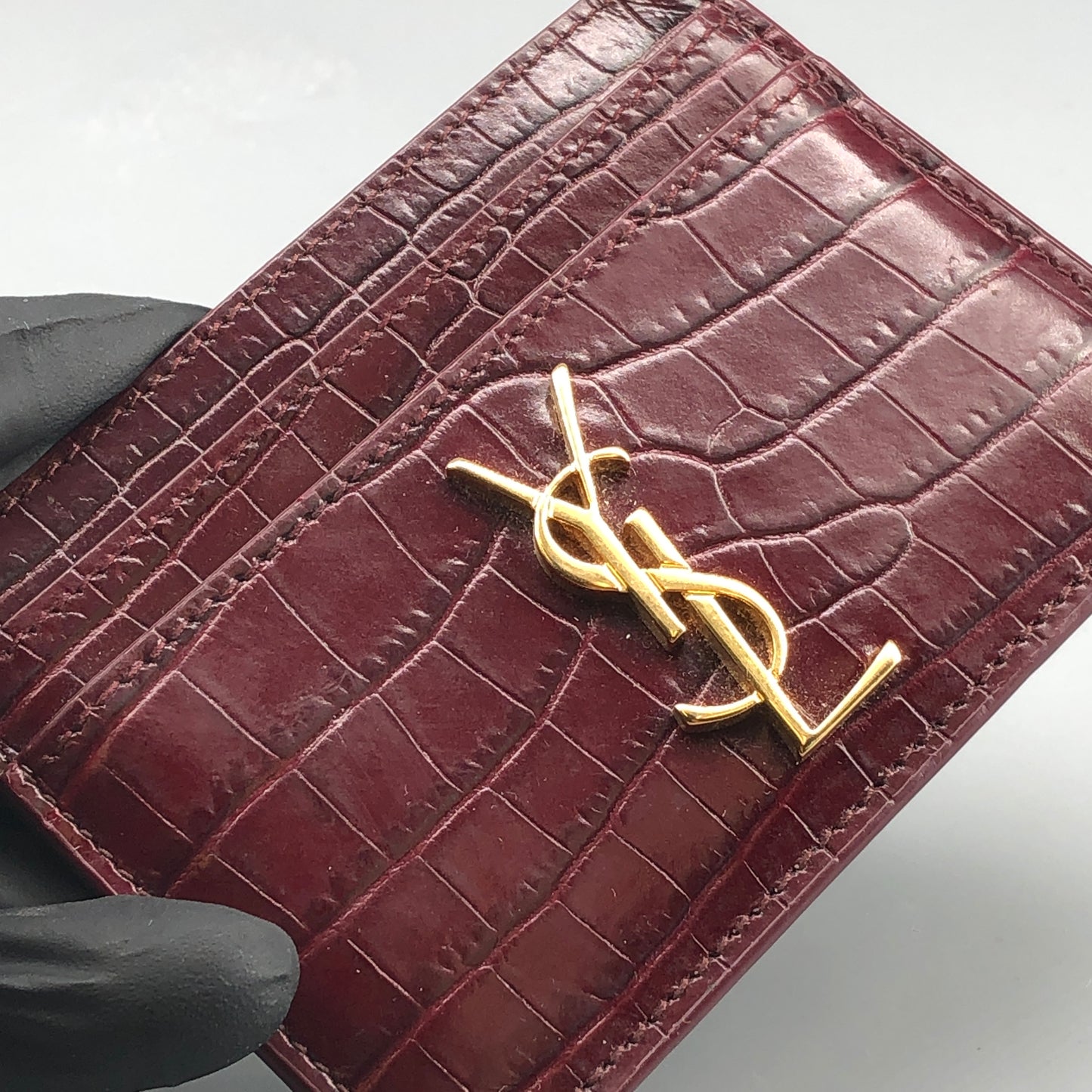 Saint Laurent Cassandre Card Holder Dark Red Croc-Embossed