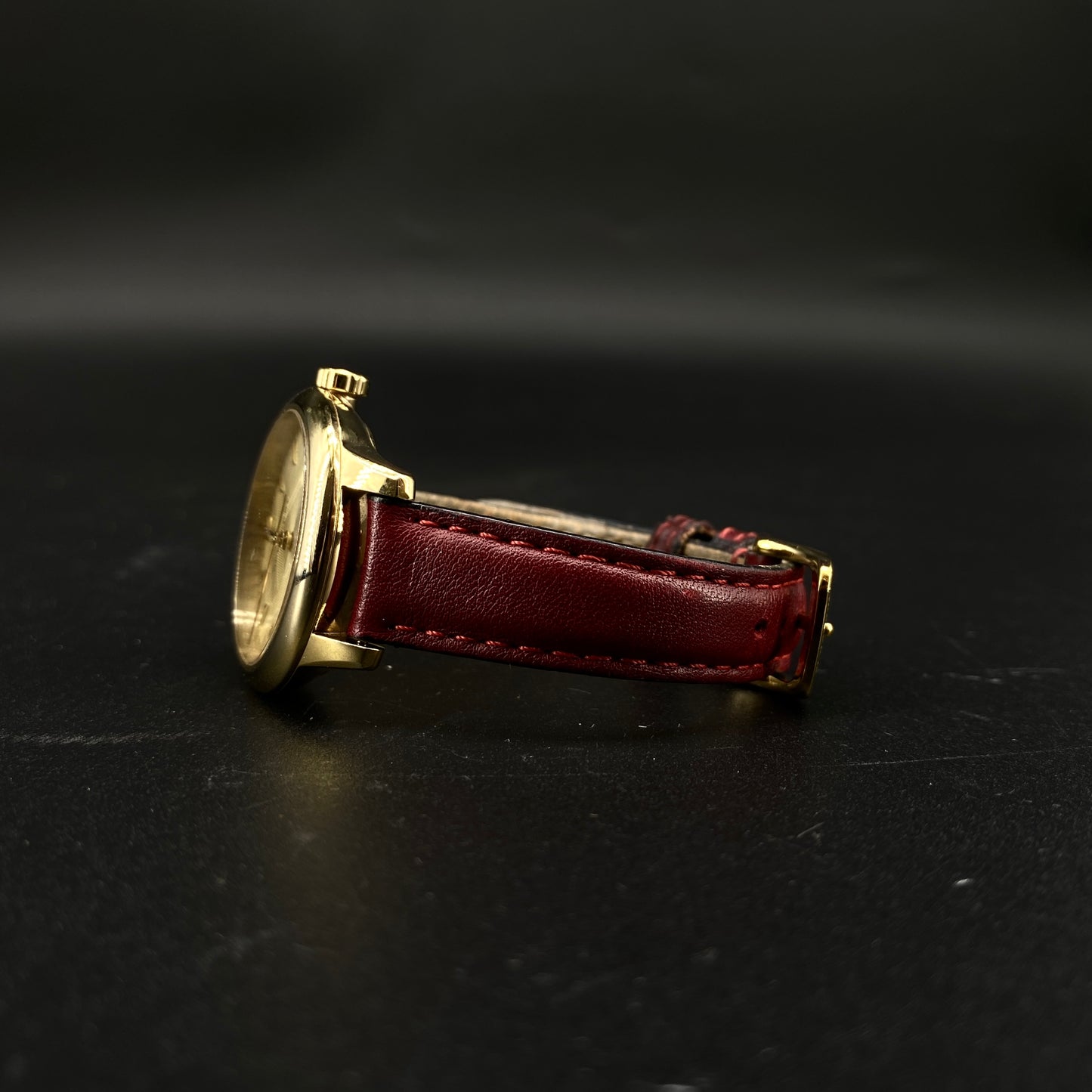 Burberry Gold Case Quartz Watch Dark Red Leather Strap
