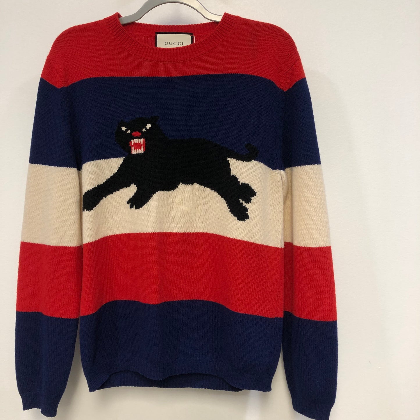 Gucci Red Blue Beige Striped Black Panther Crewneck Knit Sweater Size S