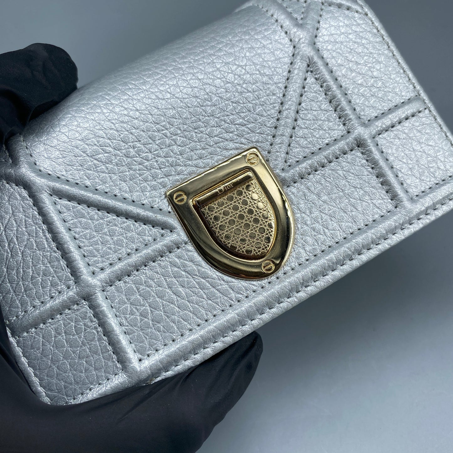 Christian Dior Mini Silver Metallic Pebbled Leather Shield Logo WOC Crossbody Bag