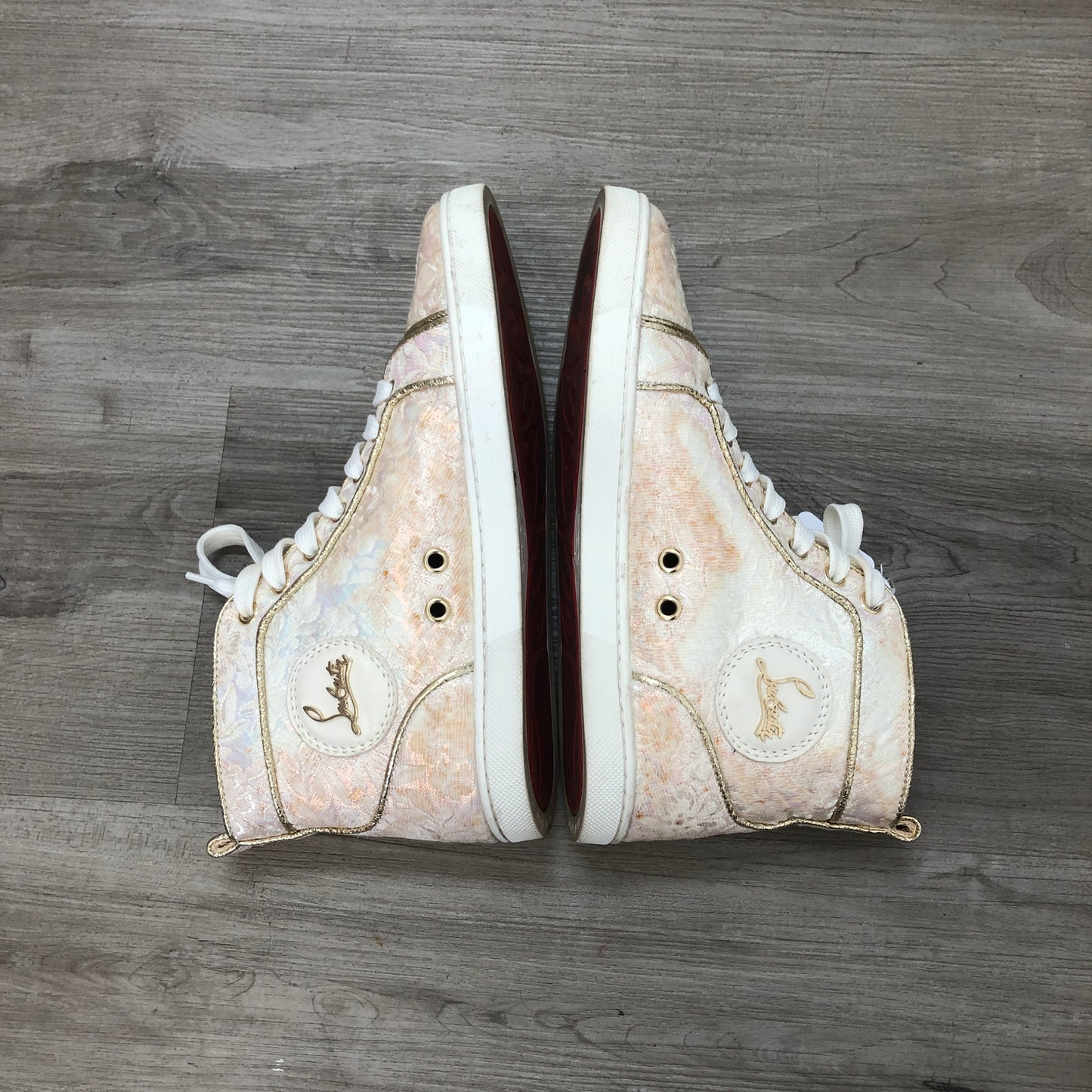 Christian Louboutin Women's Iridescent Champagne Pink High Top Lace-Up Sneakers 36