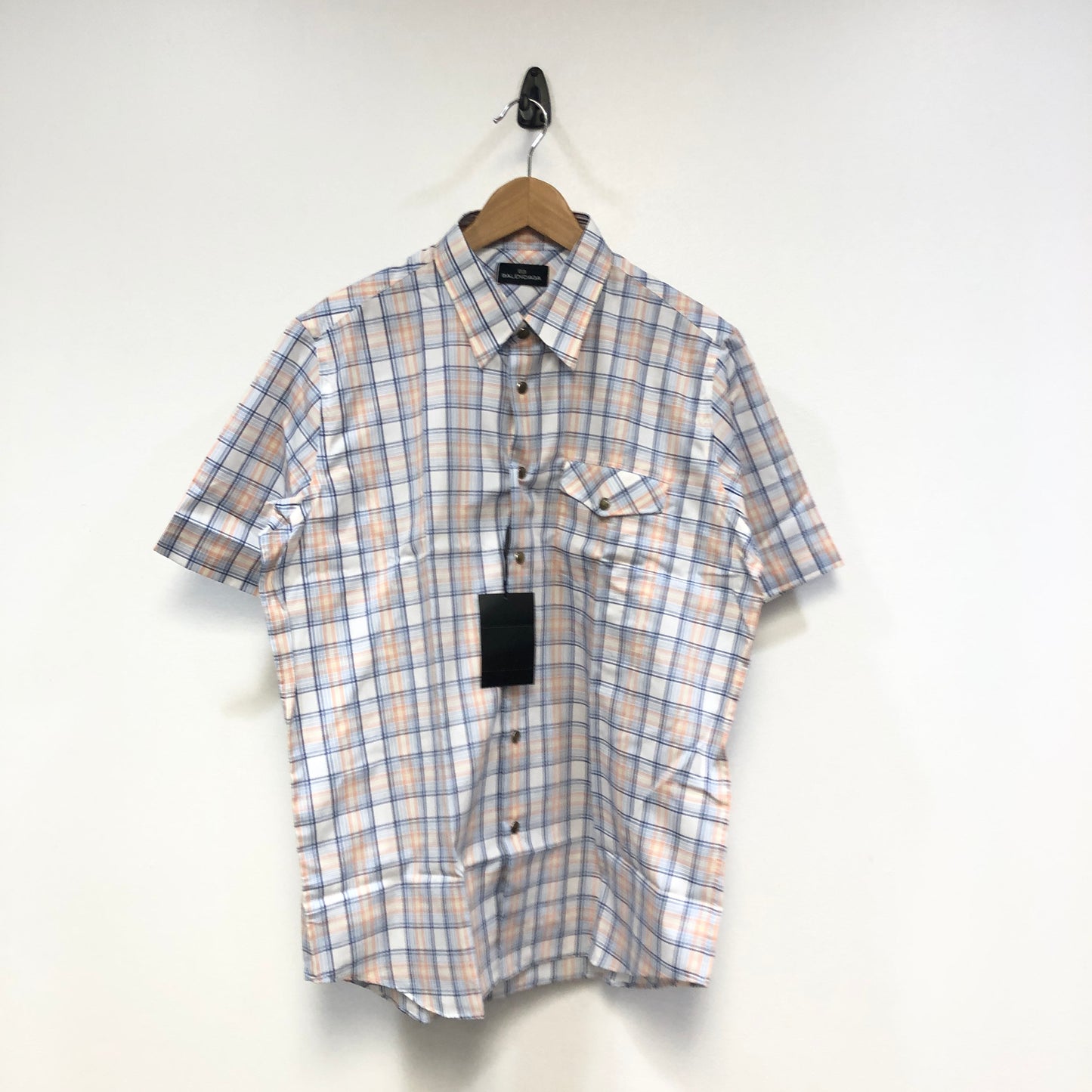 Balenciaga Blue Yellow White Plaid Short Sleeve Button Shirt US Size 6