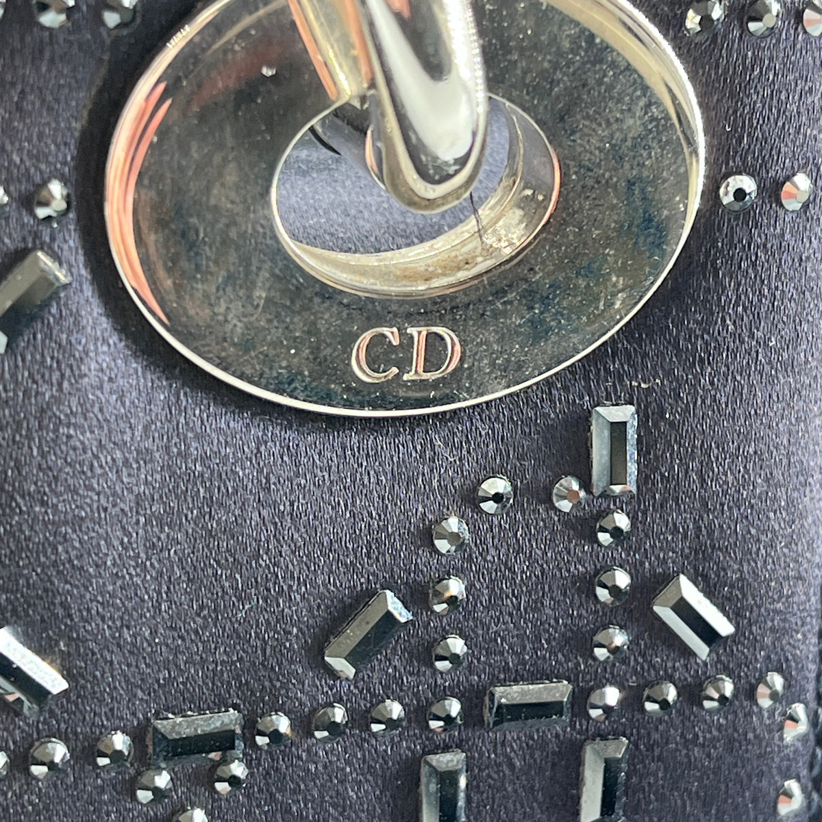 Christian Dior Navy Blue Satin Beaded Lady Dior Handbag