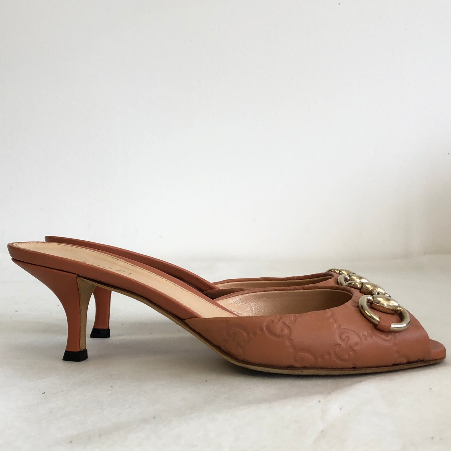 Gucci Women's Coral Leather Women's Horsebit Mule Heels Size 36.5