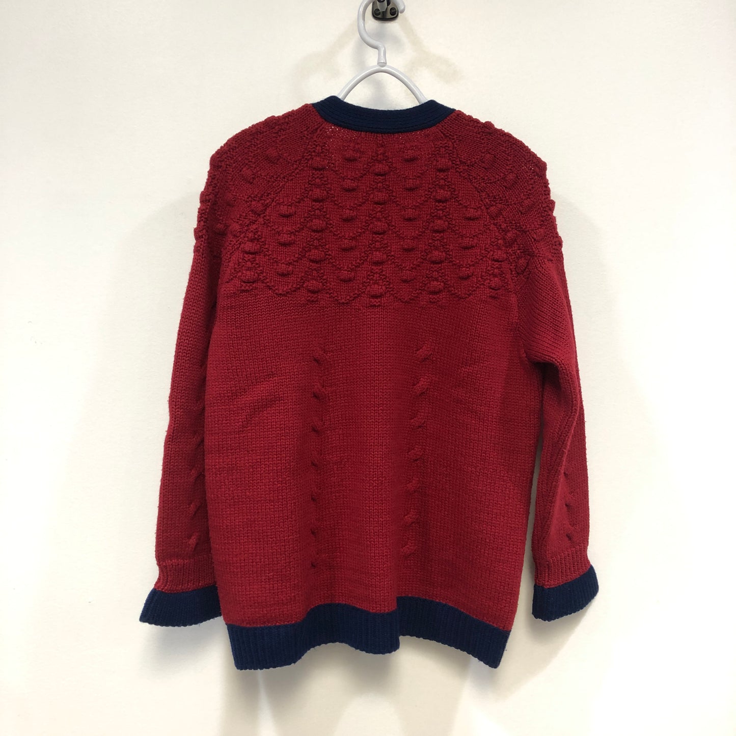 Chanel Red Cable Knit Cardigan with Navy Trim Size 44