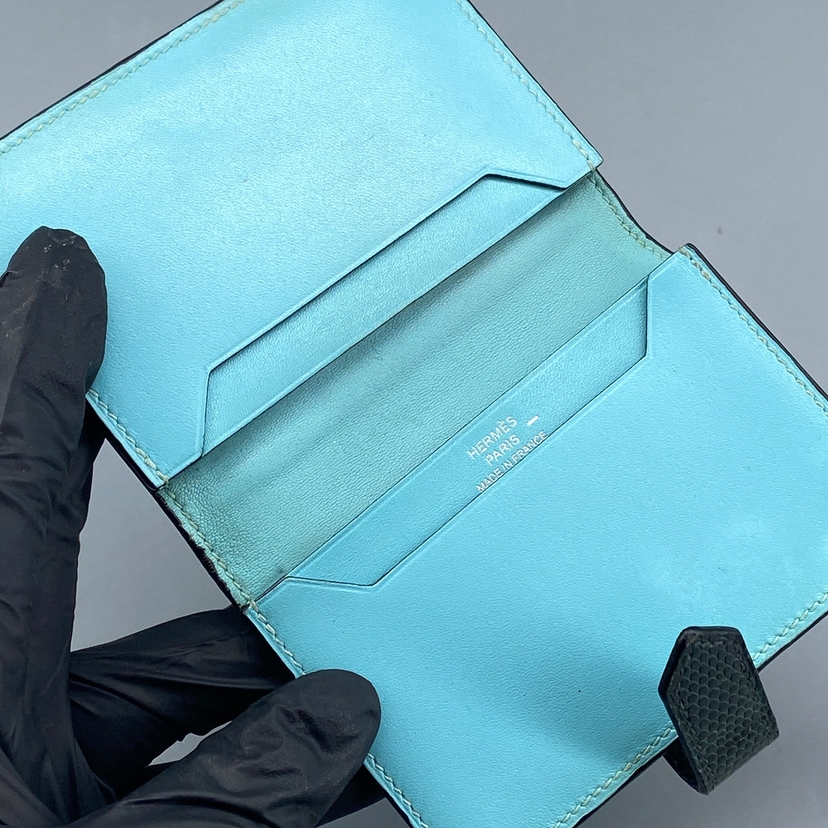 Hermes Bearn Compact card holder Tiffany Blue with Lizard leather strap