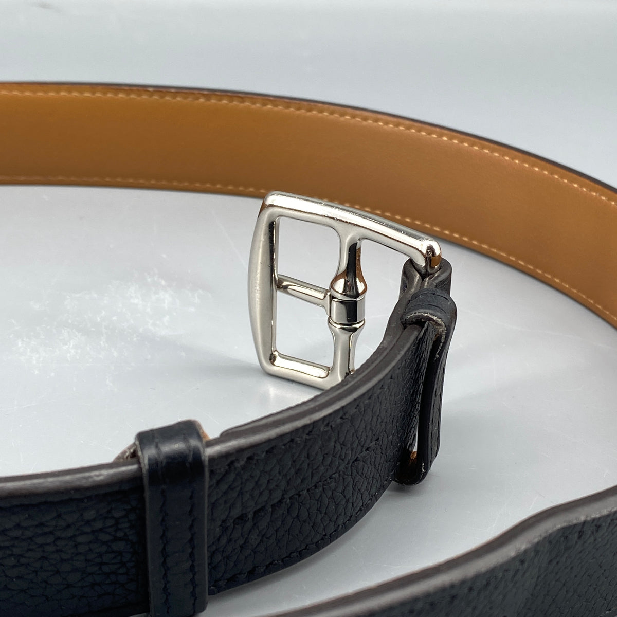 Hermes Black & Tan Leather Etriviere Belt Silver Buckle