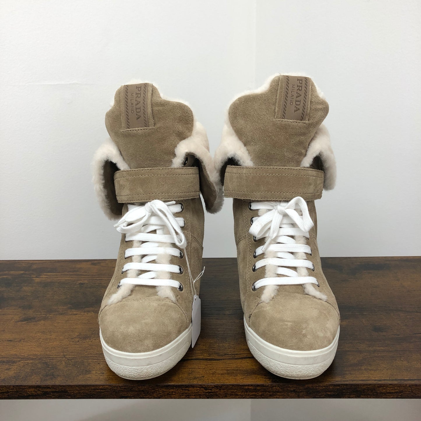 Prada Women's Shearling Lined Suede High Top Wedge Sneaker Boots 37 Beige White