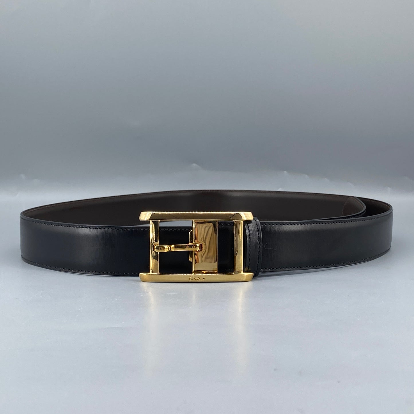Cartier Black Smooth Leather Gold Square Pin Buckle Belt  105cm