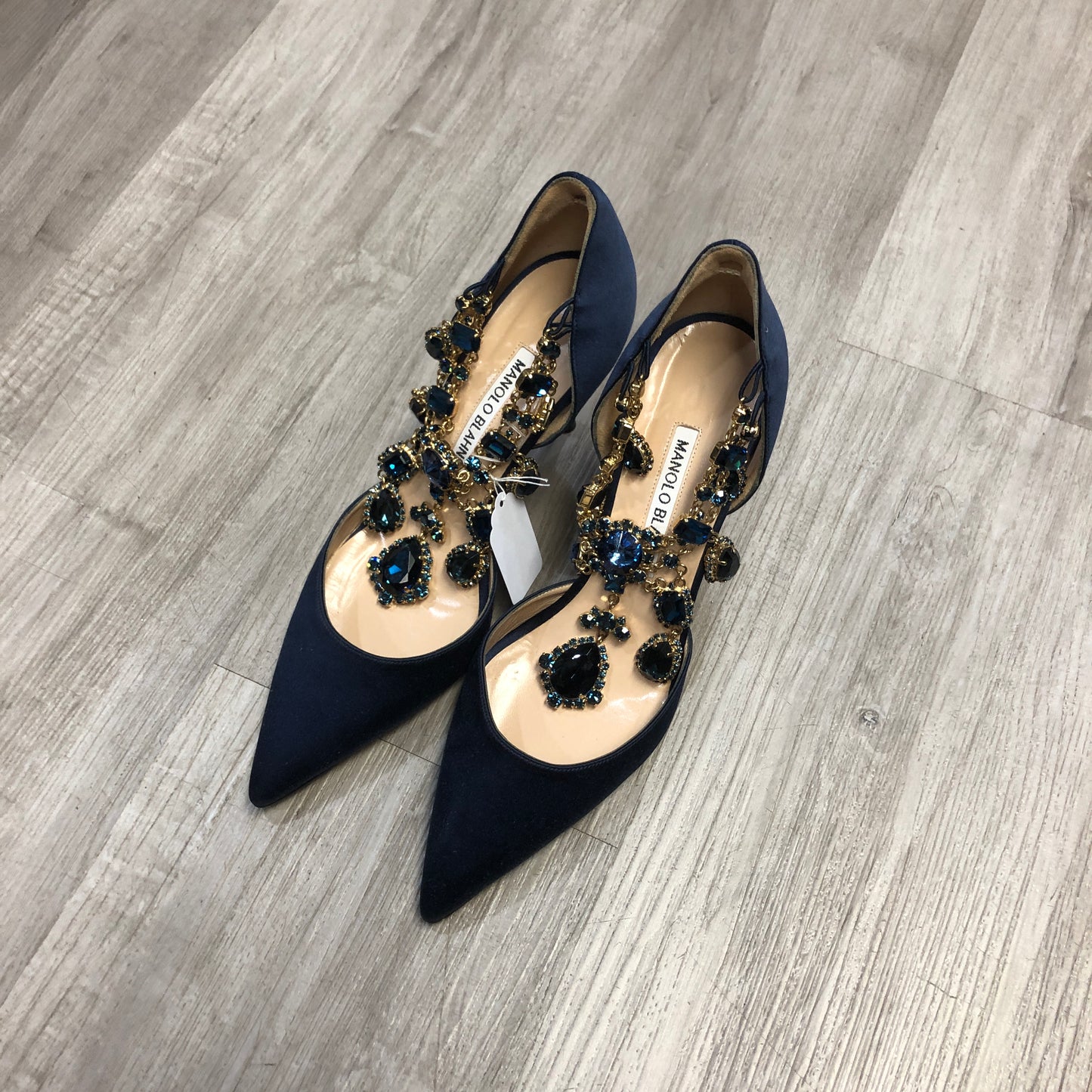 Manolo Blahnik Women's Satin Crystal Pointed Toe Stiletto Pumps Shoes 37.5 Dark Navy Blue