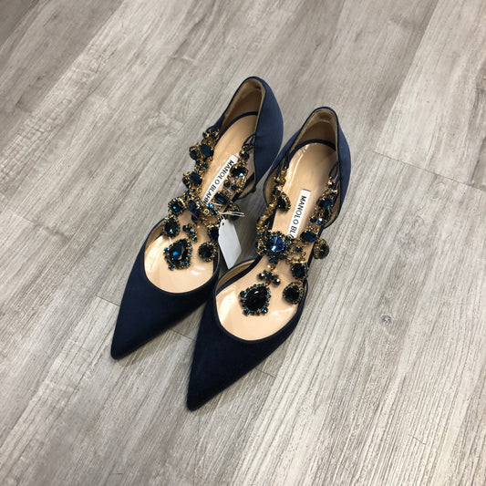 Manolo Blahnik Women's Satin Crystal Pointed Toe Stiletto Pumps Shoes 37.5 Dark Navy Blue