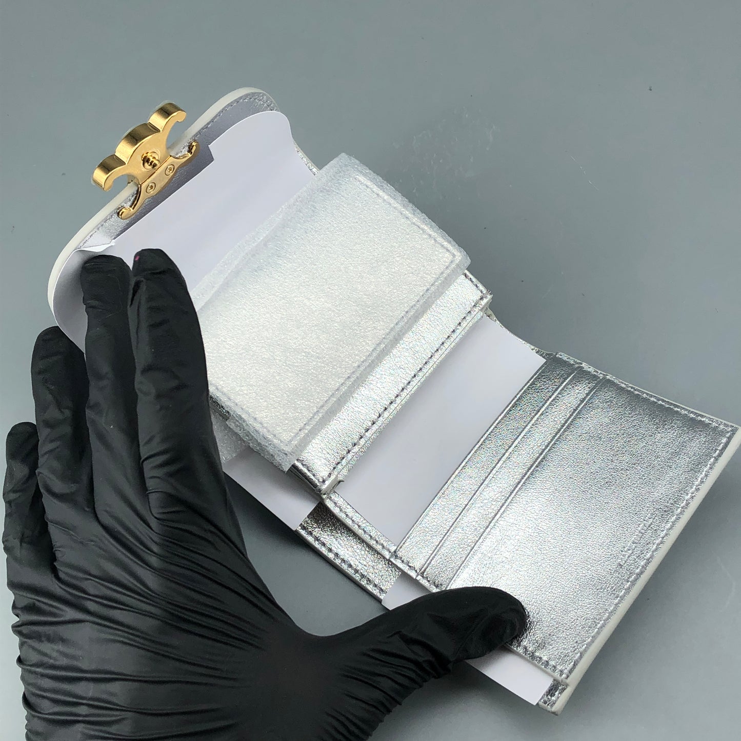 Celine Triomphe Silver Metallic Leather Trifold Wallet
