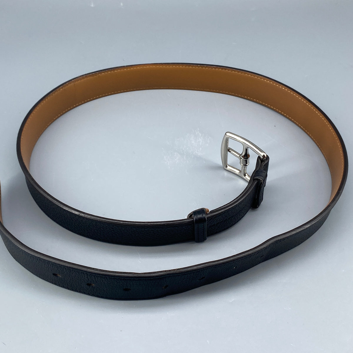 Hermes Black & Tan Leather Etriviere Belt Silver Buckle